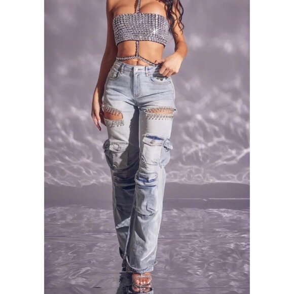 Women Rhinestone Cargo Jeans High Waist Ripped Stretchy Denim Pants - Picture 4 of 6